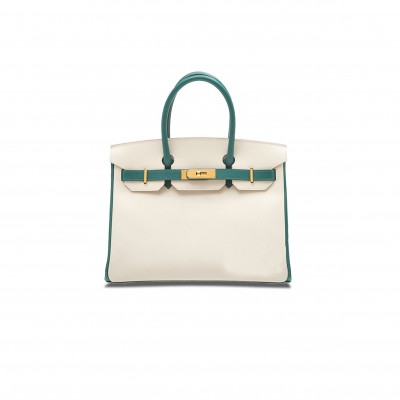 HERMES BIRKIN 30 EPSOM MILKSHAKE WHITE AND PEACOCK GREEN GOLD BUCKLE H028369CK44 (30*23*15cm)
